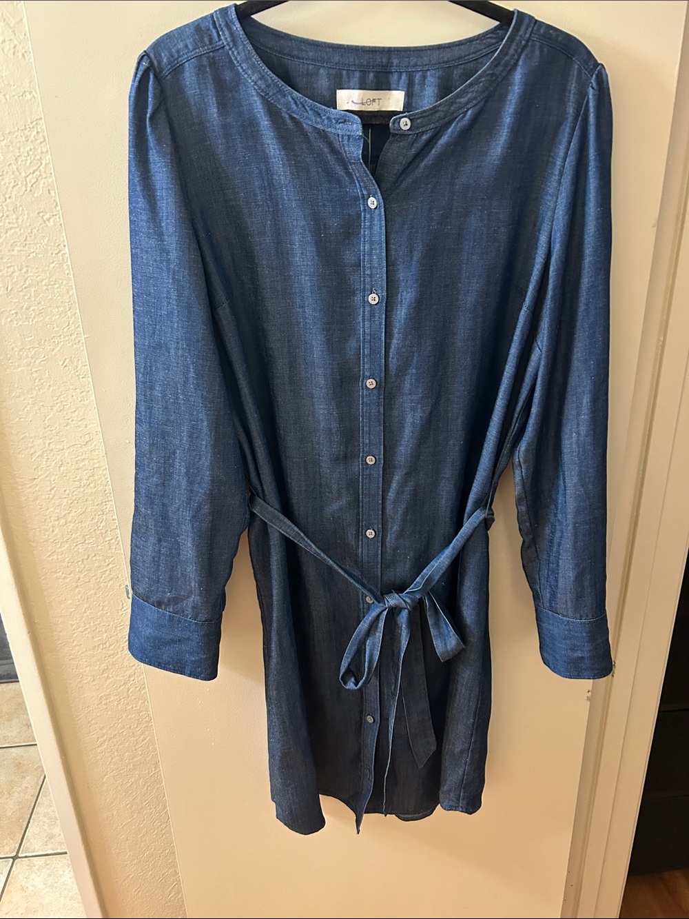 LOFT Indigo Chambray Tie-Waist Button Midi Dress